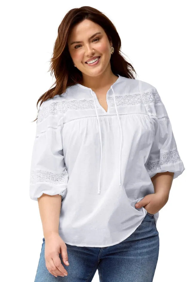 100% Cotton A-Line Three-Quarter Sleeve Keyhole Neck Blouse With Crochet Trim