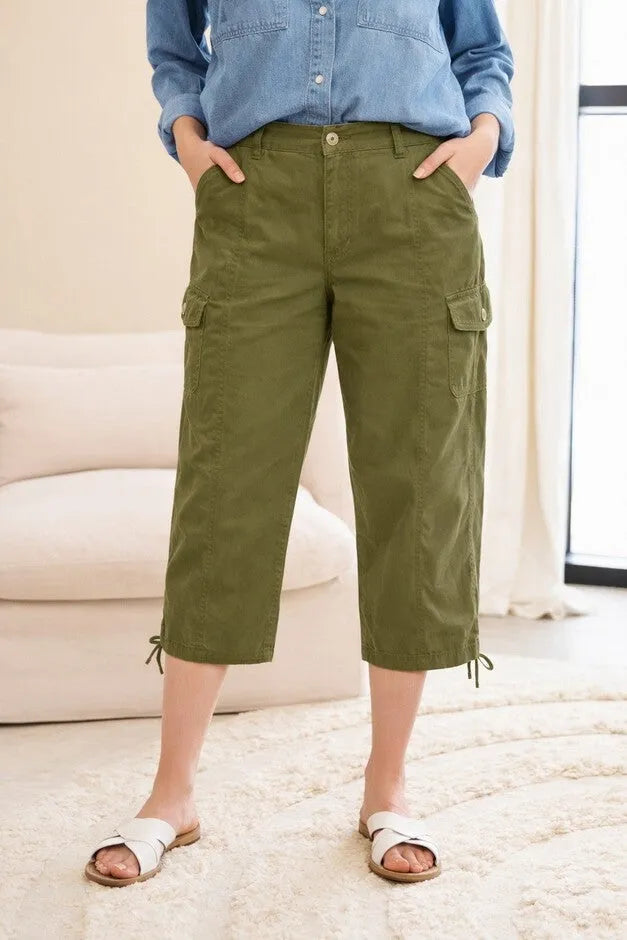 Mid-Rise Stretch Cotton Cargo Capris