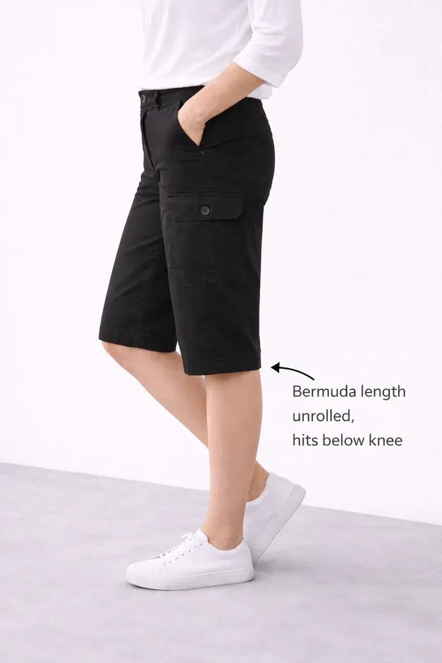 2 in 1 Mid-Rise Stretch Cotton Convertible Cargo Bermuda To Shorts