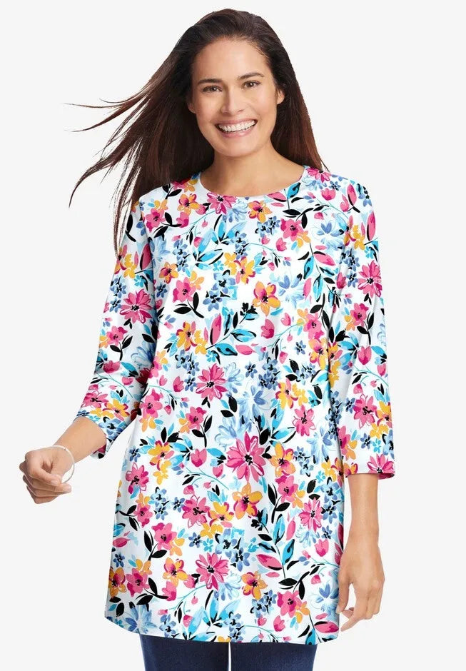 Perfect Printed Three-Quarter Sleeve Crewneck Tunic