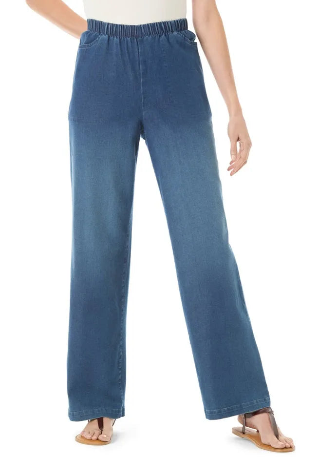 Fineline Stretch Denim Wide-Leg Pull-On Jeans