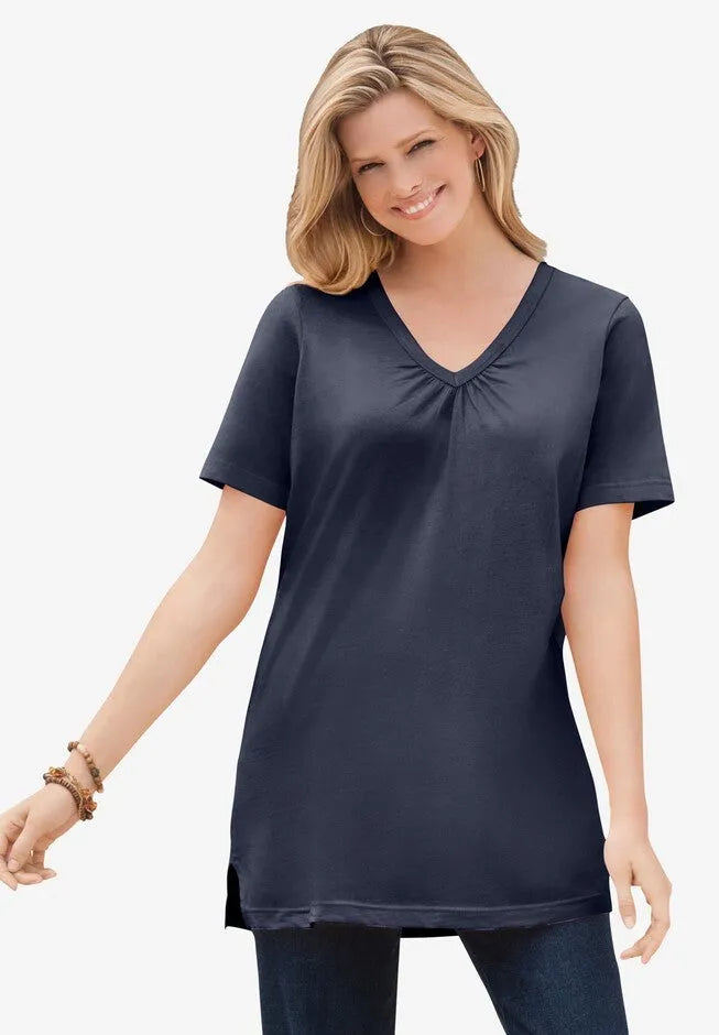 Perfect Short-Sleeve Shirred V-neck Tunic