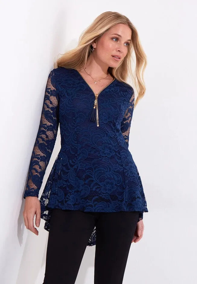 V-Neck Zip Lace Tunic