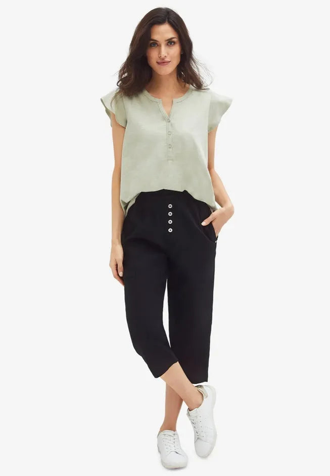 Linen-Blend Mid-Rise Ribbed Elastic Waist Straight-Leg Capris
