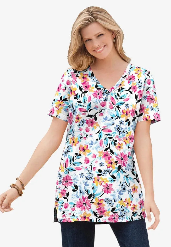 Perfect Printed Short-Sleeve Shirred V-Neck Tunic