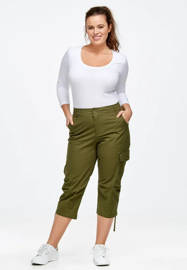 Mid-Rise Stretch Cotton Cargo Capris