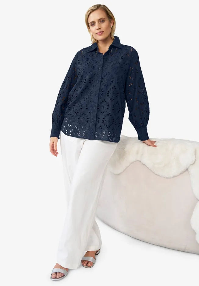 100% Cotton Cambric Eyelet Button-Front Blouson Sleeve Shirt
