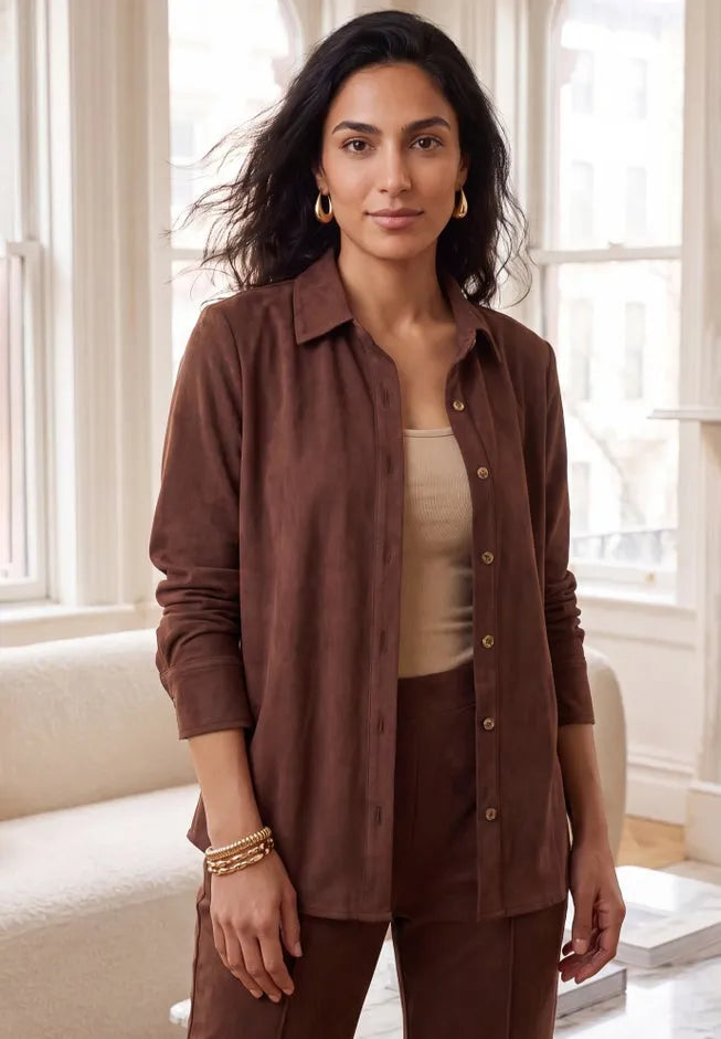 Stretch Faux Suede Button-Up Shirt