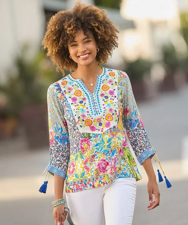 Notch Neck Boho Blouse