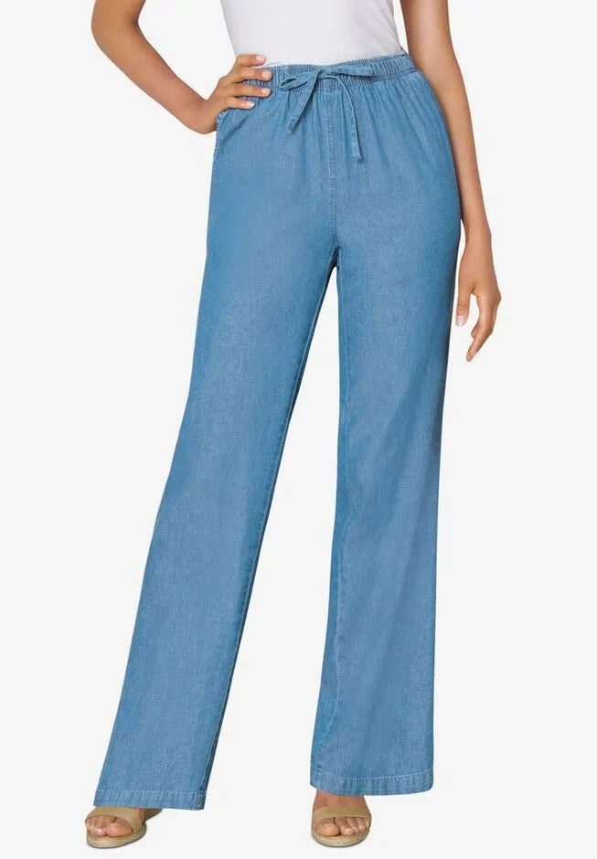 Wide-Leg Drawstring Denim Pants