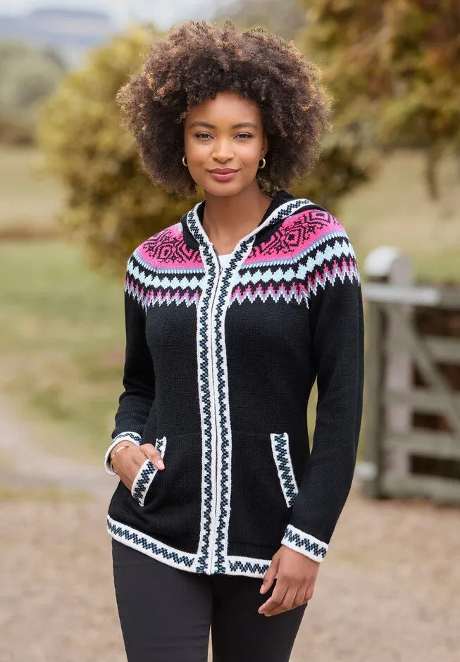 Fair Isle Drawstring V-Neck Zip Hoodie
