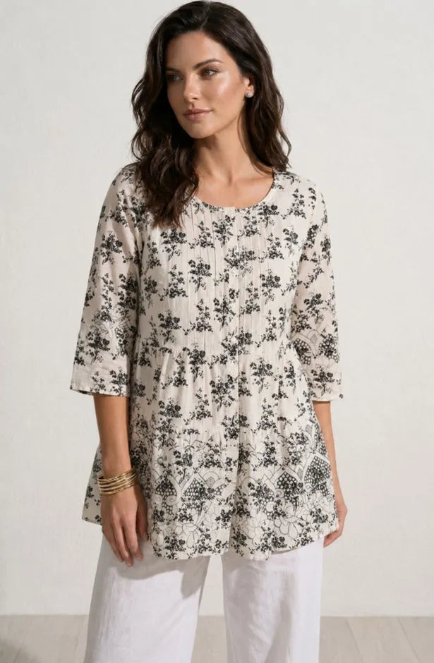 100% Cotton Cambric Three-Quarter Sleeve Tiered Flounce Scoopneck Tunic