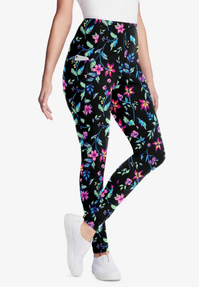 Stretch-Cotton Knit Pull-On Printed Pocket Leggings