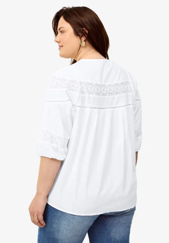100% Cotton A-Line Three-Quarter Sleeve Keyhole Neck Blouse With Crochet Trim