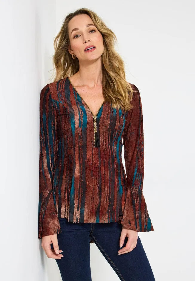 Zip Neck Bell Sleeve Top