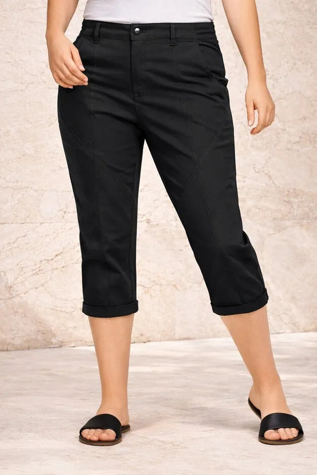 Stretch Cotton Poplin Mid-Rise Seamed Capri