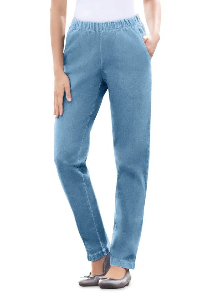 Fineline Pull-On Elastic Waist Straight-Leg Stretch Denim Jeans