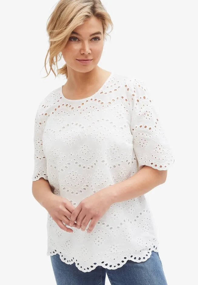 100% Cotton Eyelet Short Sleeve Scallop Hem Blouse