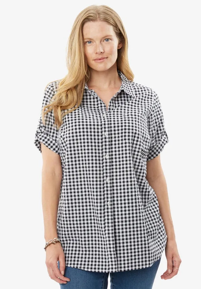 Short-Sleeve Button-Down Cotton Seersucker Shirt