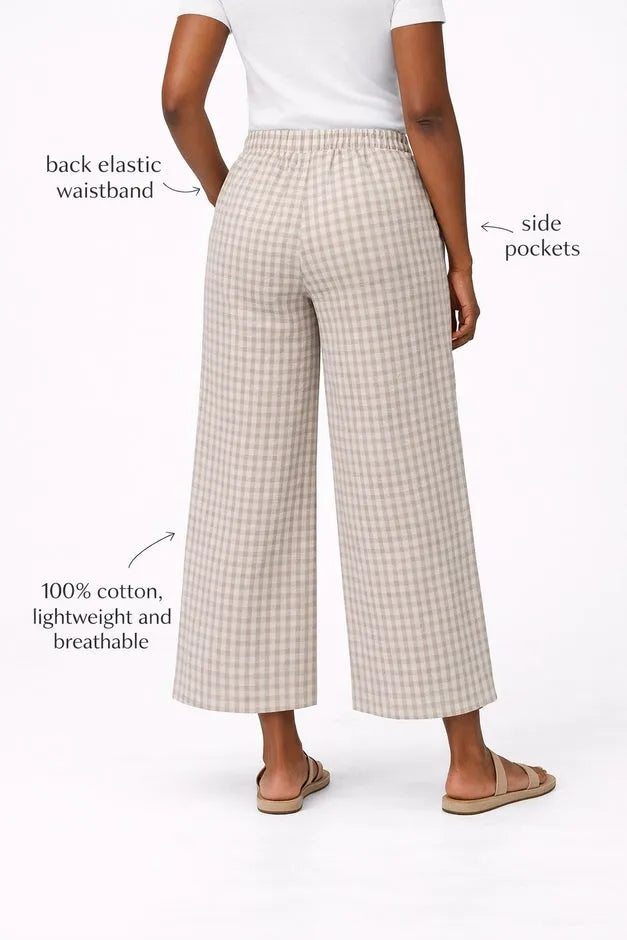 100% Cotton Wide Leg Gingham Seersucker Back Elastic Waist Crop Pants