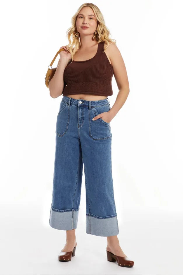 Wide-Leg Cropped Cuffed Jeans