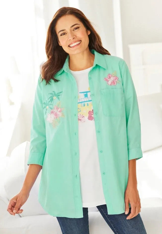 2-Piece Embroidered Poplin Tunic and Tee Set