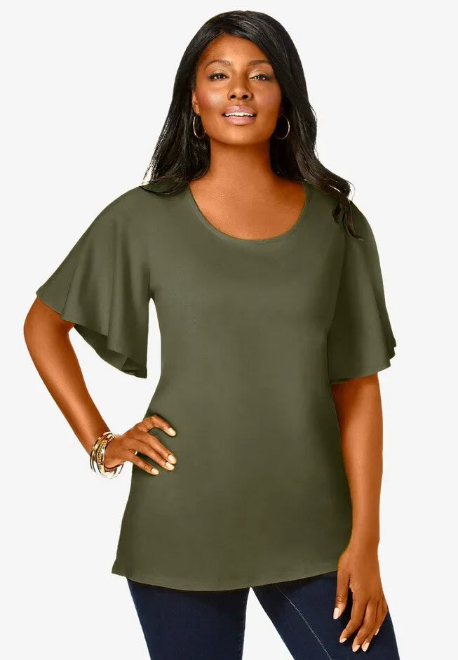 Stretch Knit Flutter Sleeve Tunic