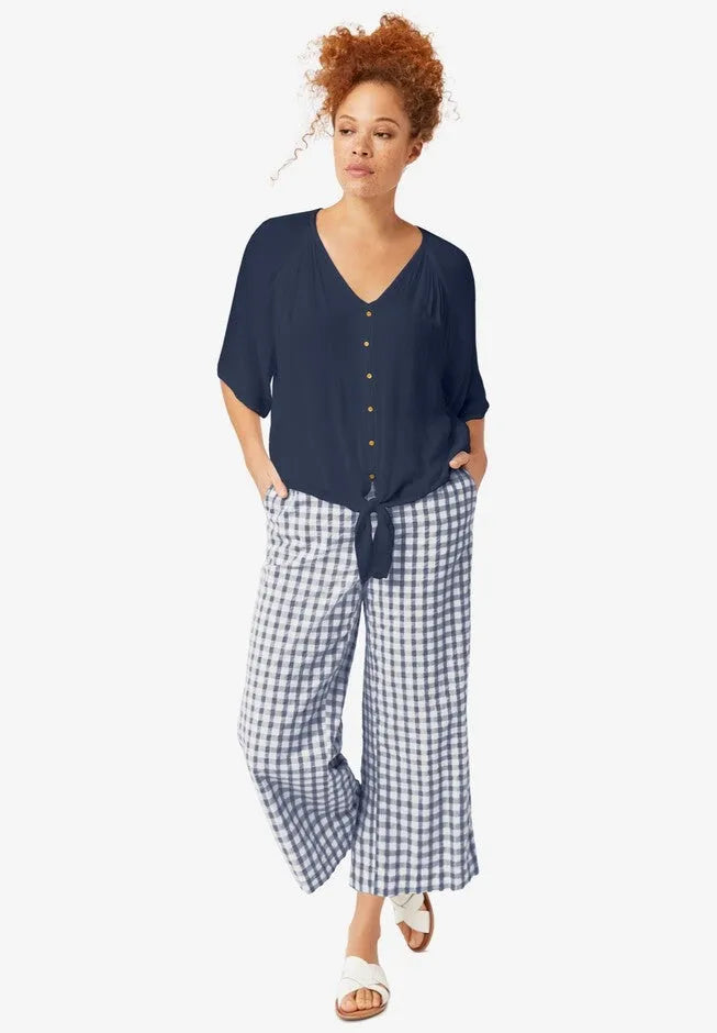 100% Cotton Wide Leg Gingham Seersucker Back Elastic Waist Crop Pants