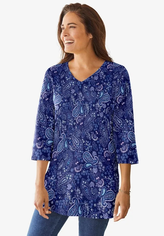 Perfect Printed Three-Quarter-Sleeve V-Neck Tunic