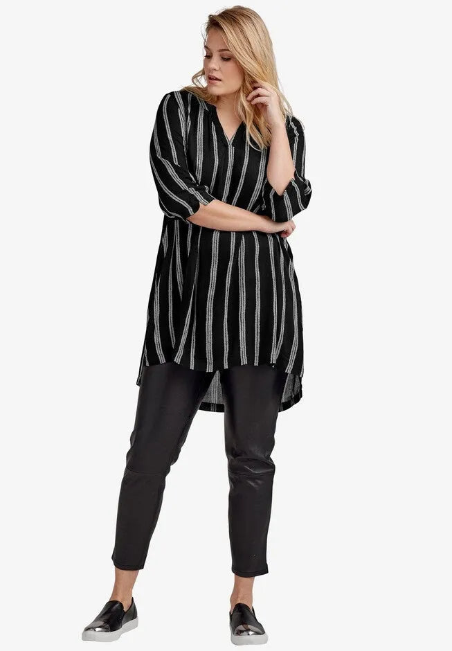 Crinkle Crepe Notch Neck Three-Quarter Sleeve High-Low Tunic