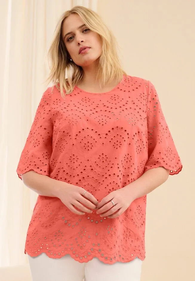100% Cotton Eyelet Short Sleeve Scallop Hem Blouse