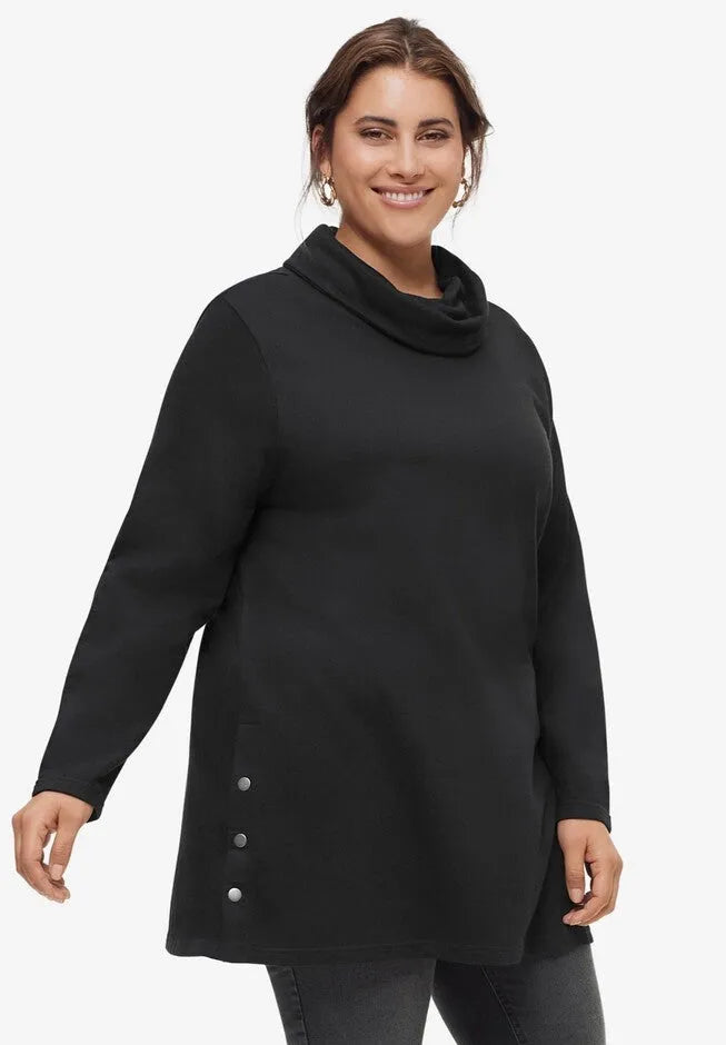 Side Snap Cowl Neck French Terry Sweatshirt Tunic