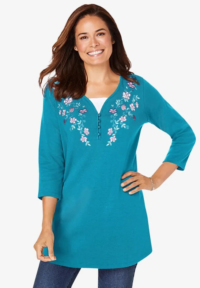 7-Day Layered-Look Embroidered Henley Tunic