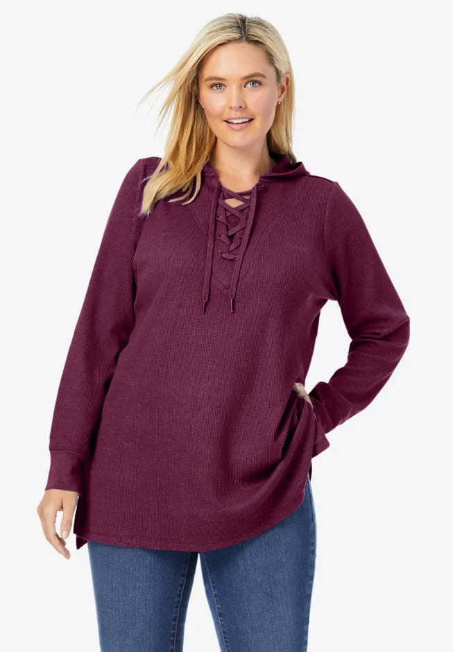 Waffle-Thermal Lace-Up Hoodie