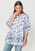 100% Cotton Cambric Three-Quarter Sleeve Tiered Flounce Scoopneck Tunic