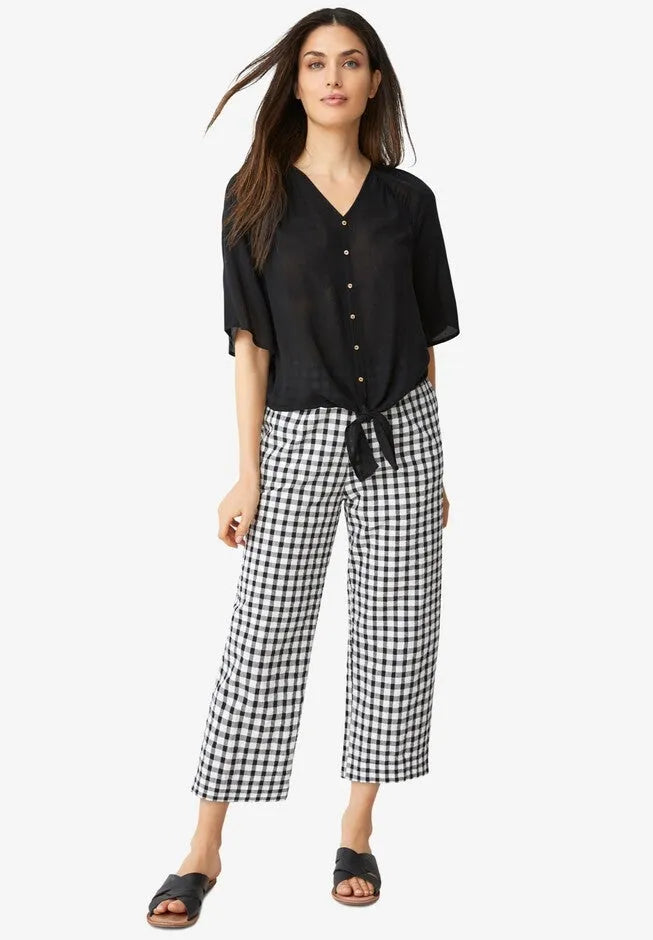 100% Cotton Wide Leg Gingham Seersucker Back Elastic Waist Crop Pants