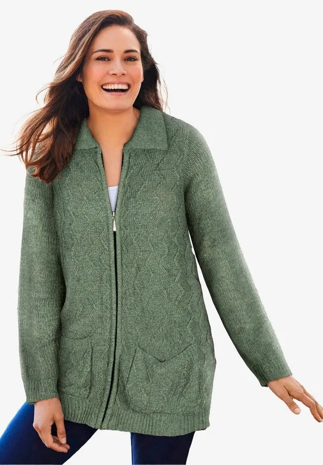 Marled Zip-Front Cable Knit Cardigan Sweater