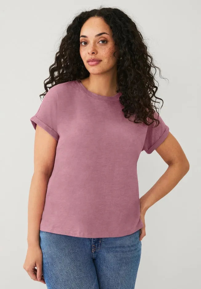 Cotton Jersey Slub Crew Neck Tee With Rolled Cuffs