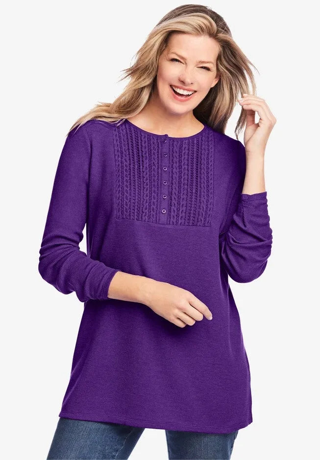 Waffle Thermal Lace Bib Henley Tee