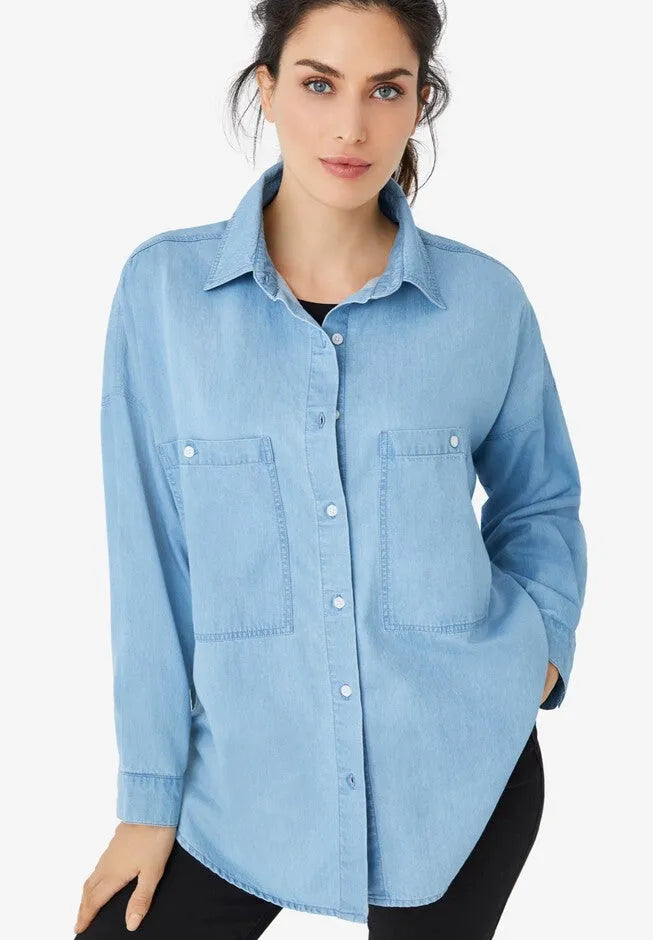 100% Cotton Denim Oversized Button-Front Collared Shirt