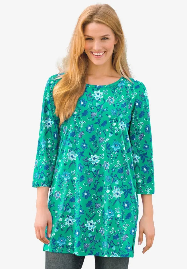 Perfect Printed Three-Quarter-Sleeve Scoopneck Tunic
