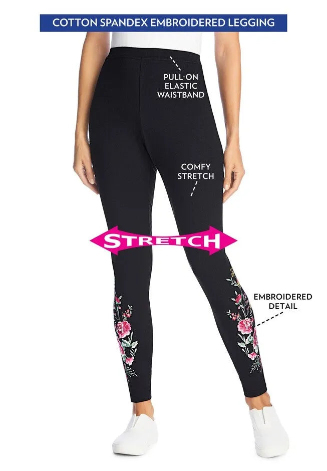 Stretch-Cotton Knit Pull-On Embroidered Leggings