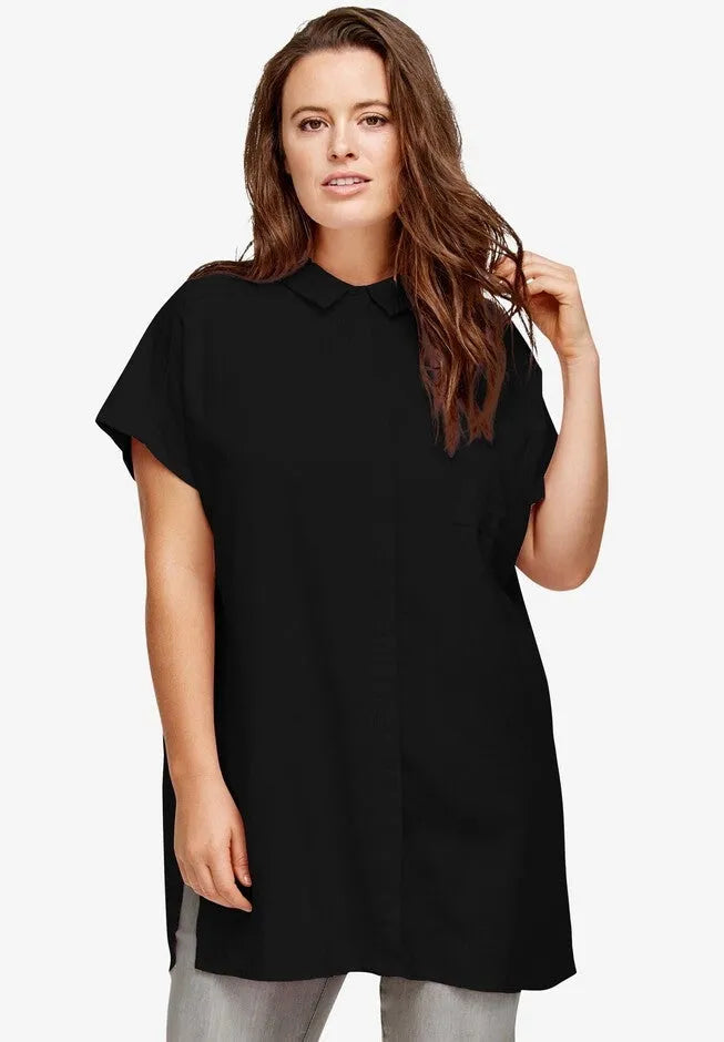 Linen-Blend Button-Front Short Sleeve Collared Tunic