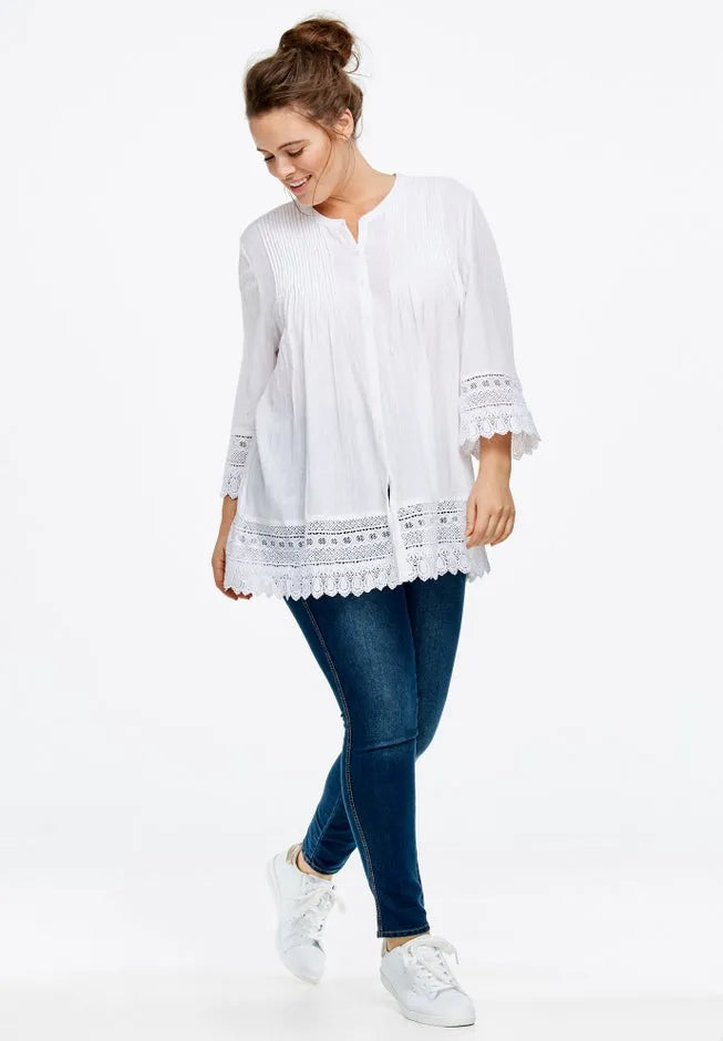 100% Cotton Crepe Button-Front Three-Quarter Sleeve Crochet Trim Blouse