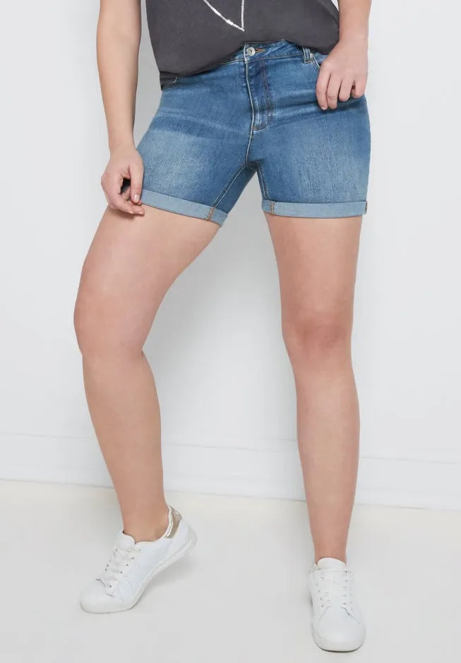 Mid Rise Stretch Denim Straight Leg Rolled Hem Shorts