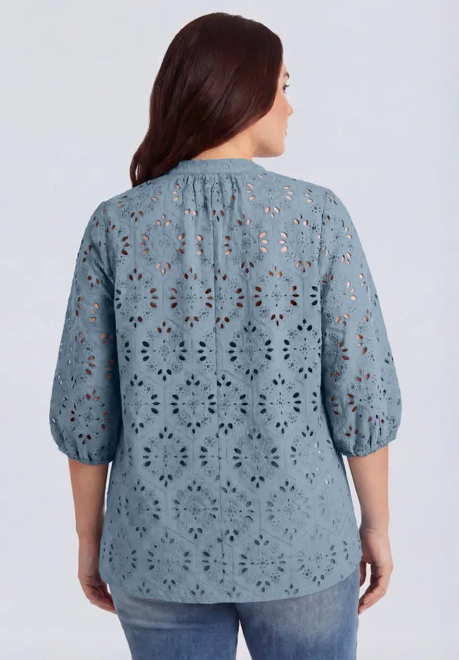 100% Cotton Cambric Three-Quarter Sleeve Notch V-Neck Eyelet Blouse