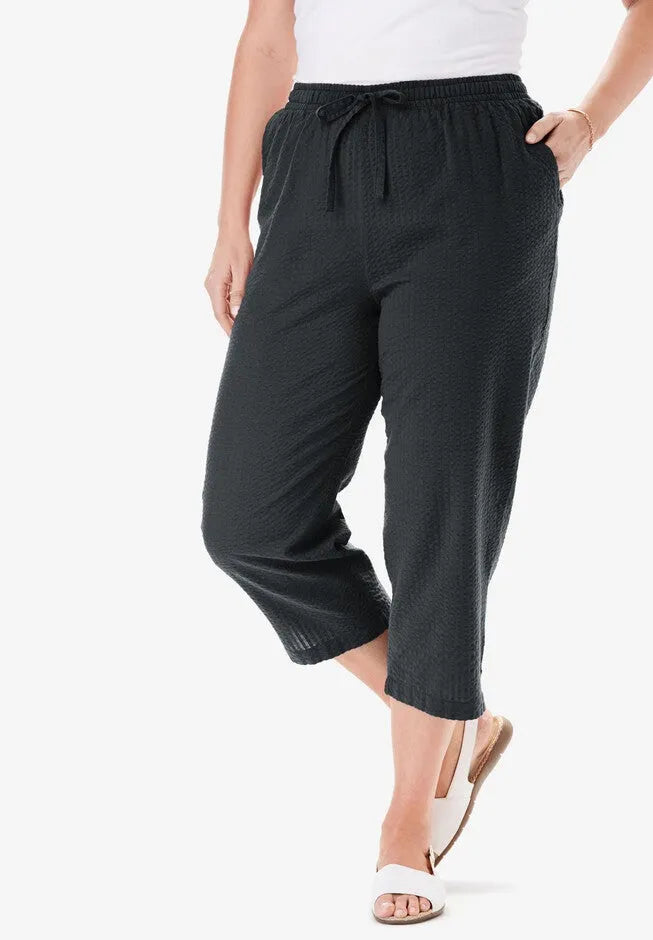 Seersucker Pull-On Elastic-Waist Capri Pants