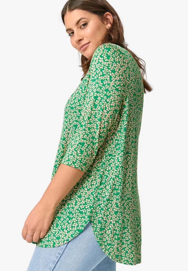 Stretch Jersey Knit Scoop Neck Three-Quarter Sleeve Curved Hem A-Line Tunic