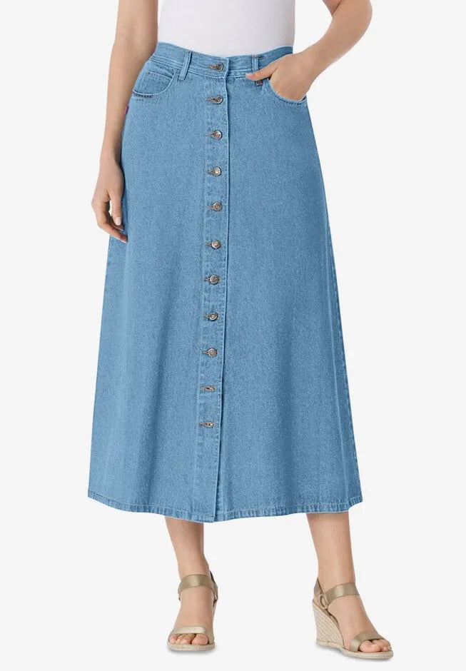 Perfect Side-Elastic All-Cotton Button Front Denim Jeans Skirt