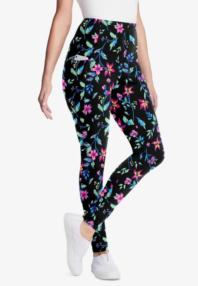 Stretch-Cotton Knit Pull-On Printed Pocket Leggings